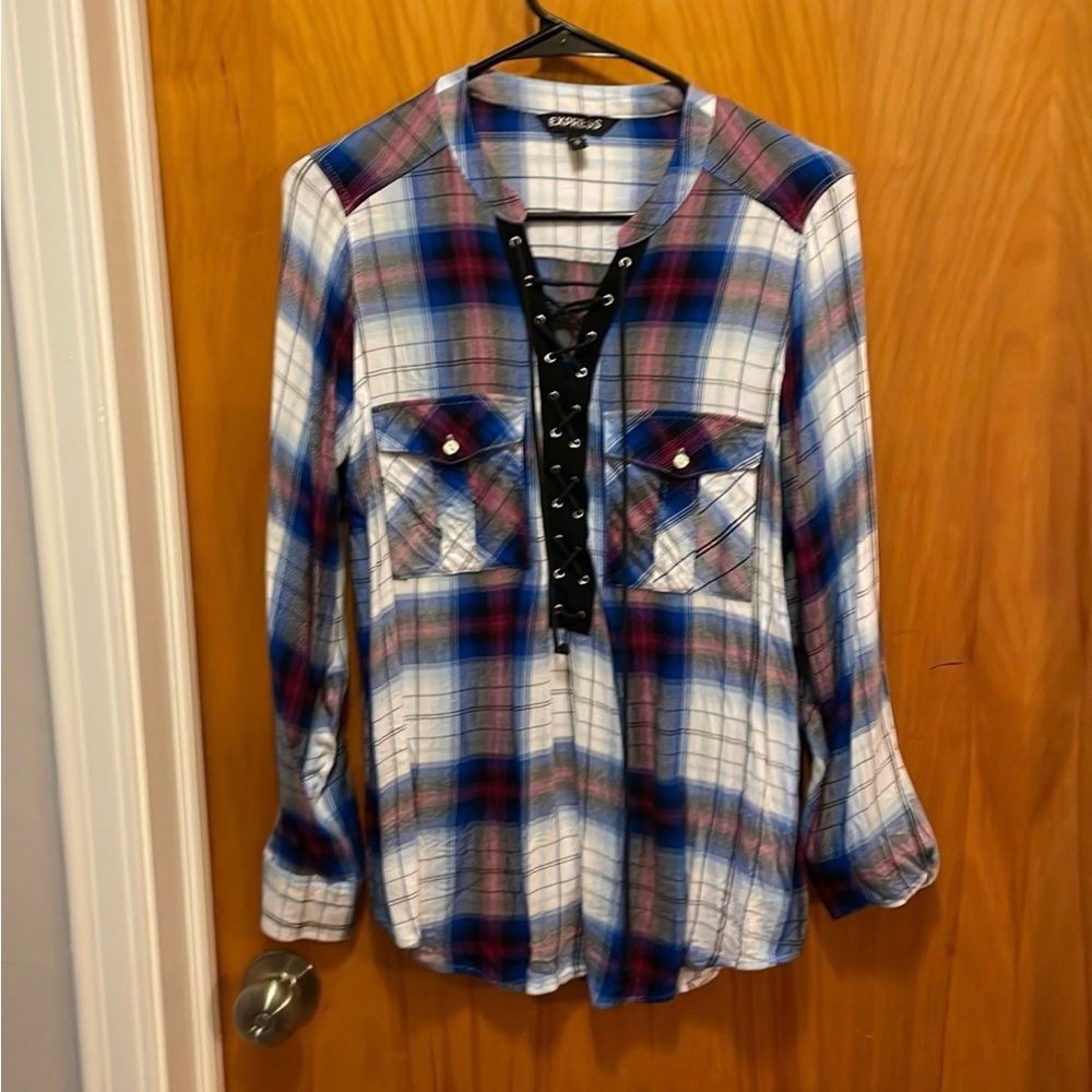 Express Multicolor Plaid Lace-Up Top
